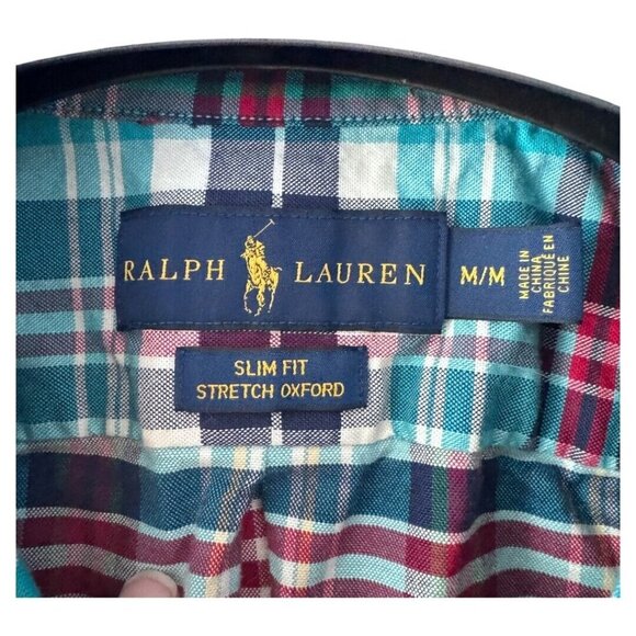 Ralph Lauren Shirt Medium‎ Mens Stretch Oxford Blue Plaid Long Sleeve slim fit - Picture 2 of 3